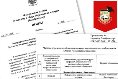 Приказ Рособрнадзора от 24.04.2019 № 527 «О государственной аккредитации образовательной деятельности Частного учреждения образовательной организации высшего образования «Омская гуманитарная академия»